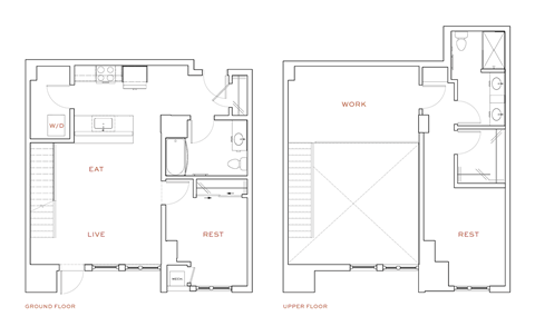 A floor plan of a two-story house with labeled rooms.